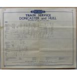 An original train time table, Doncaster and Hull, 10th September 1951, 50.5 x 63.5 cm.