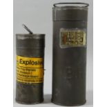 A large BR 12 detonator tin, with brass label, 21.5 cm and a smaller example (no plaque) 15.5 cm (