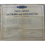 An original train time table, Saltburn and Darlington, 10th September 1951, 50.5 x 63.5 cm.