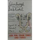 An original 1961 double royal railway poster for Edinburgh International Festival (Aug 20 - Sept 9).
