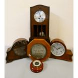 An oak cased wall clock, two barometers, and two mantle clocks (5)