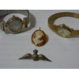 A 9ct gold mounted cameo brooch/pendant, a silver RAF sweetheart brooch and two wristwatches.