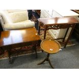 A mahogany side table with peirced freize, a reproduction mahogany Sutherland table and a wine table