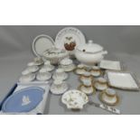 A set of 4 graduated brass jam pans, a Wedgwood Jasperware Anti-Slavery plate and other china (2).