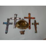 Four stained glass style crosses, a similar style brooch and ashtray by John Leathwood. (6)