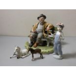 A Capo Di Monte figure of a tramp on bench feeding pigeons, Lladro figure, Beswick grey foal, and