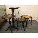 A brass table top raised on an oak frame, two stools and a wine table (4).