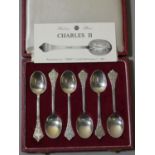 A silver set of six Charles II Trifid style tea spoons, Sheffield 1973, case.