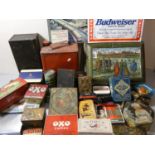 A large box of Assorted Tins including, Smiths Crisps, Robinson's Barley, Kings Head Tobacco, and