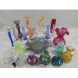 A Loetz style glass vase, two press moulded fish candlesticks and other glassware.