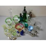 A box of mixed glassware including, a ships decanter, coloured glass baskets, Vaseline glass