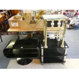 A Techlink black television table with chrome pedestal, 79 x 40 cm, a black glass stand and a