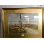 N. Fowler Willetts, village scene, watercolour and an unsigned oil of a coastal scene