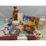 A copper lustre cream jug, a pair of Kenton leaf moulded vases and a quantity of other china (3).