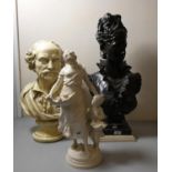 A plaster figure of a woman and child feeding birds, together with a plaster bust of bearded man and