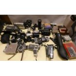 A John Davis & Son cased anemometer, a cased Konica cine camera, Sony handy cam, Olympus Trip 35