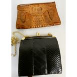 A crocodile handbag, a snakeskin handbag and a collection of handbags and purses.