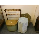 A mahogany towel rail and three Lloyd Loom type washing baskets (4).