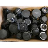 A collection of camera lens, to include Sigma convertor for video camera, Canon 50 Cosina 100-300,