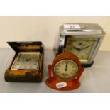 A French chrome cased mantle clock, together with an 8 day travel clock and a pocket watch sized