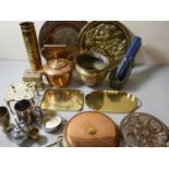 A box of metalware including a copper kettle, Chinese brass plaques, dishes, brass trench art