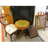 A mahogany balloon back dining chair, a mahogany octagonal occasional table with inset skiver and
