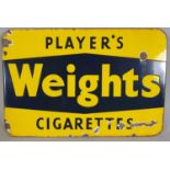 A double sided, wall mounted, vitreous enamel advertising sign, Players Weights Cigarettes, 28 x