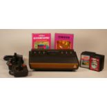 Atari 2600A (woody), ingersoll power supply, two Atari joysticks with a collection of ten games