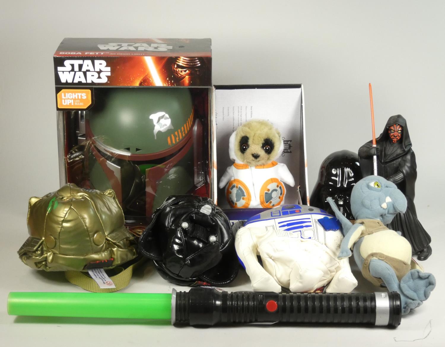 A collection of Star Wars collectibles including a Boba Fett 3D deco light, neck purses, ceramic