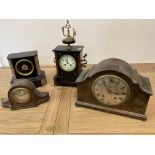 A Victorian slate and marble mantle clock, together with a walnut veneer manual wind mantle clock,