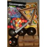 Sets of bowls, snooker and pool ball sets, cricket balls and boules.