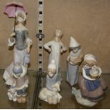 Lladro handmade ceramic figurines, six in the lot