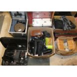Camera equipment, to include cases, tripod, projector, cased spotlight, Panasonic VHS movie