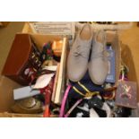 A box of costume jewellery, navel jacket etc and a box of miscellaneous including a jewellery box,