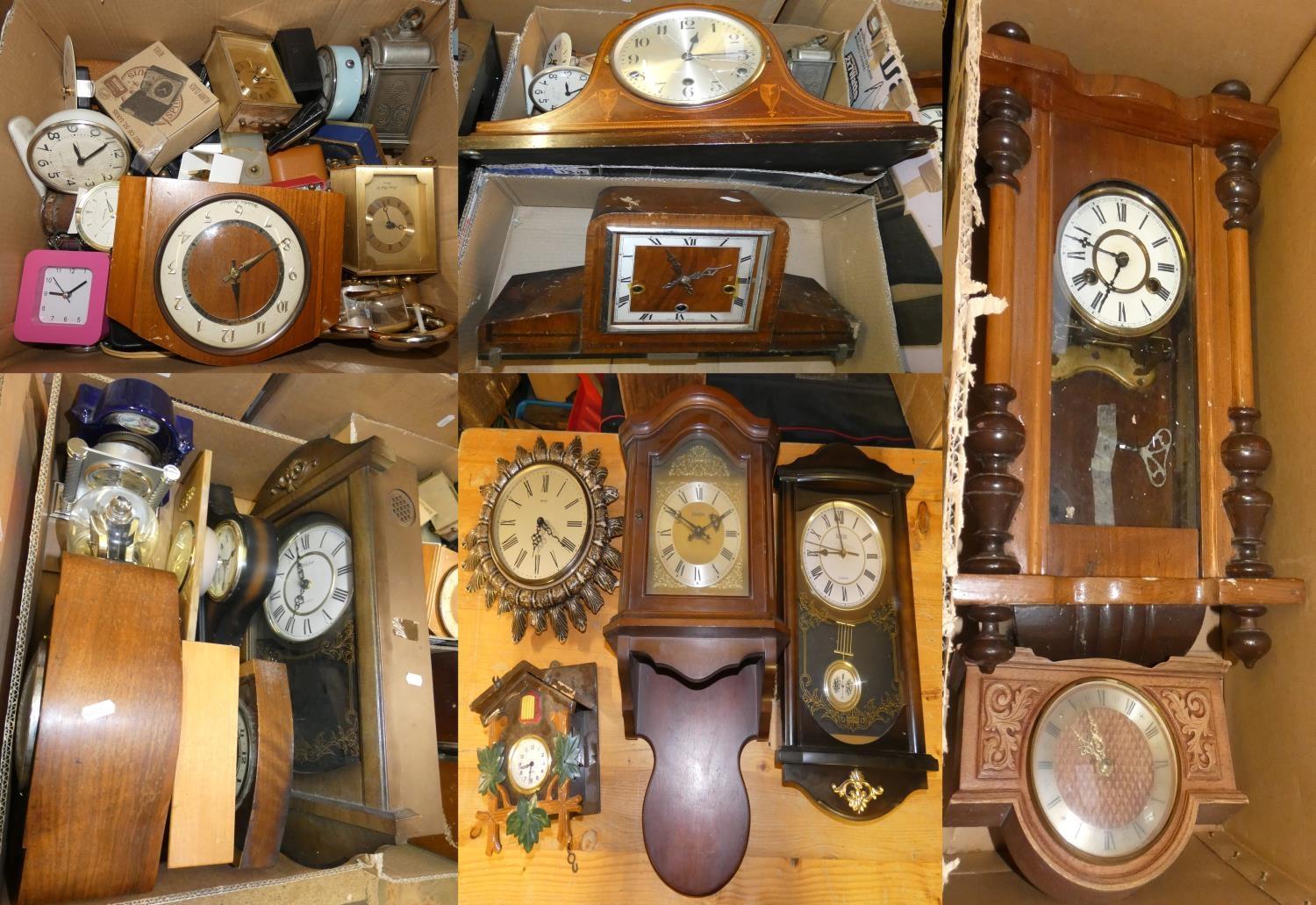 Wall, mantle, alarm and carriage clocks including a Teasmaid in 5 boxes.
