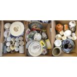 Three boxes of assorted ceramics and dinnerwares, including Burlington novelty teapot, German