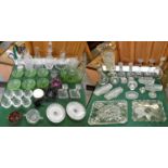 Two boxes of glassware, to include, dressing table set, decanters, three pairs of candle sticks,
