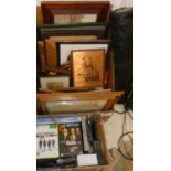 A box of prints, mirrors and other items and a small box of DVDs and CDs (2)
