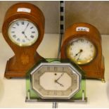 Two inlaid mahogany cased manual wind mantle clocks, together with an art deco Smiths electric
