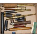 A small brass four draw telescope, four three draw telescopes and other telescopes. Three are signed