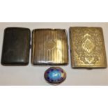 Two silver cigarette cases, 203 gms, an Eastern case, 150 gms and a silver and enamel pill box.