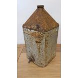 A vintage metal oil container, with tap and, cap and carry handle, 50 cm.