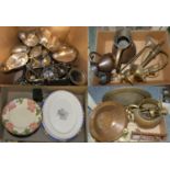 A set of three graduated copper measures, a Arabic copper bowl, various plate and brassware (3).