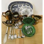 A collection of copper lustre ceramics, Willow pattern meat platter and loose cutlery.
