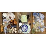 Three boxes of ceramics, including a collection of Wedgewood Jasperware, continental figurines, a