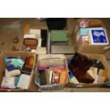 Five boxes of empty jewellery boxes, tins and other items.