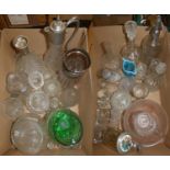 Two boxes of miscellaneous glassware, including drinks decanters, fruit bowls, soda syphon and