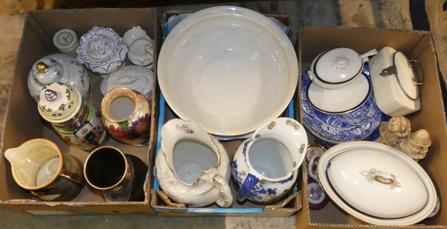 Three boxes of miscellaneous ceramics, including, a Becks bar top pump, Jug & bowl sets, Sylvac