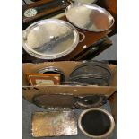 An oval electroplated two handed tray, a gallery tray and other trays.