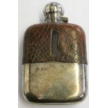 A silver and leather mounted glass hip flask, London 1913 with bayonet cap.